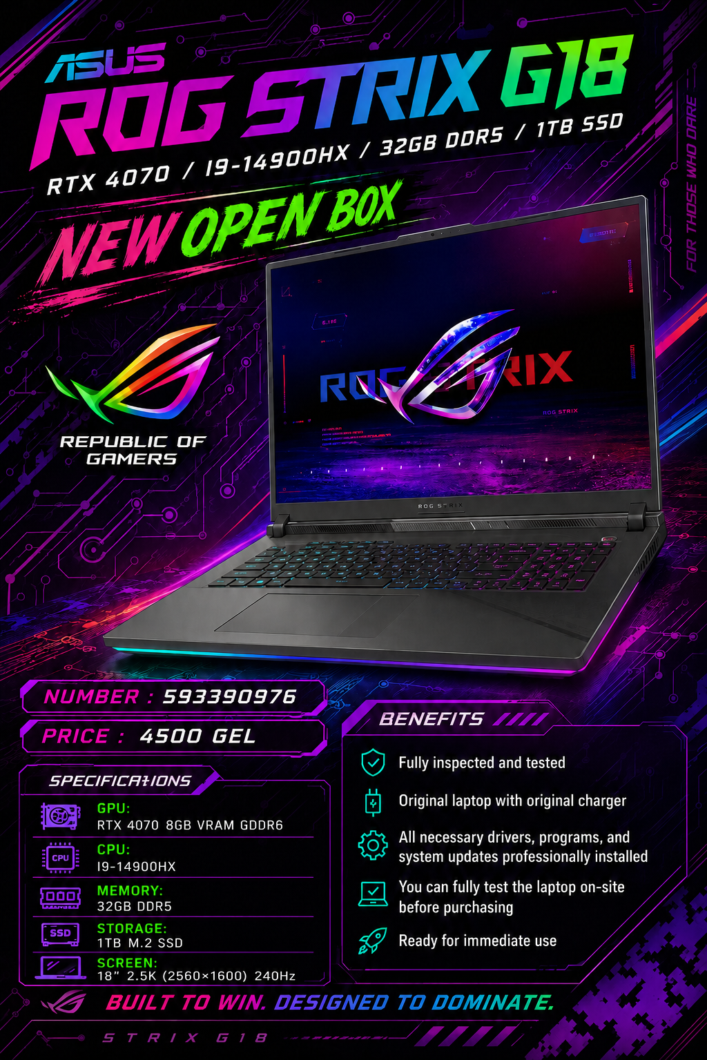 ASUS ROG STRIX G18 /RTX 4070/I9-14900HX/32GB DDR5/1TB/2.5K 240HZ TECHSWAP