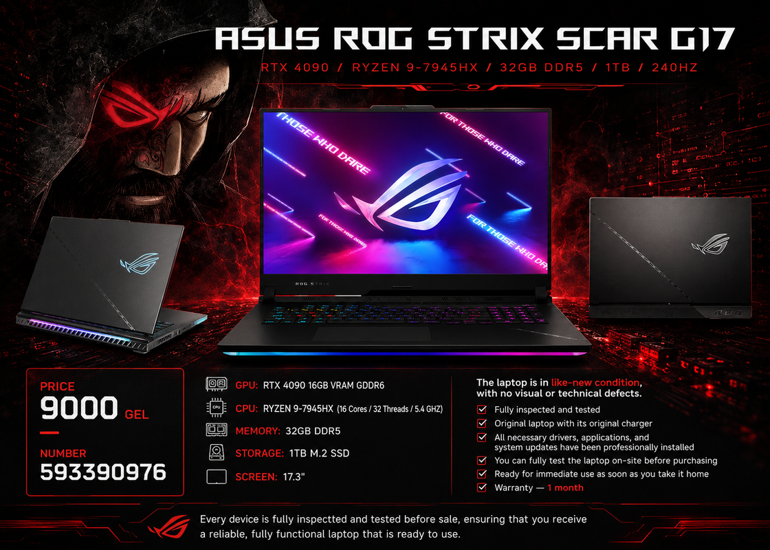 ASUS ROG STRIX SCAR G17 /RTX 4090/RYZEN 9-7945HX/32GB/1TB/240HZ Gaming Laptop ASUS