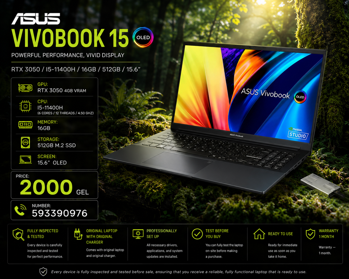 ASUS VIVOBOOK 15 OLED /RTX 3050/I5-11400H/16GB/512GB/ Premium/Gaming Laptop Asus