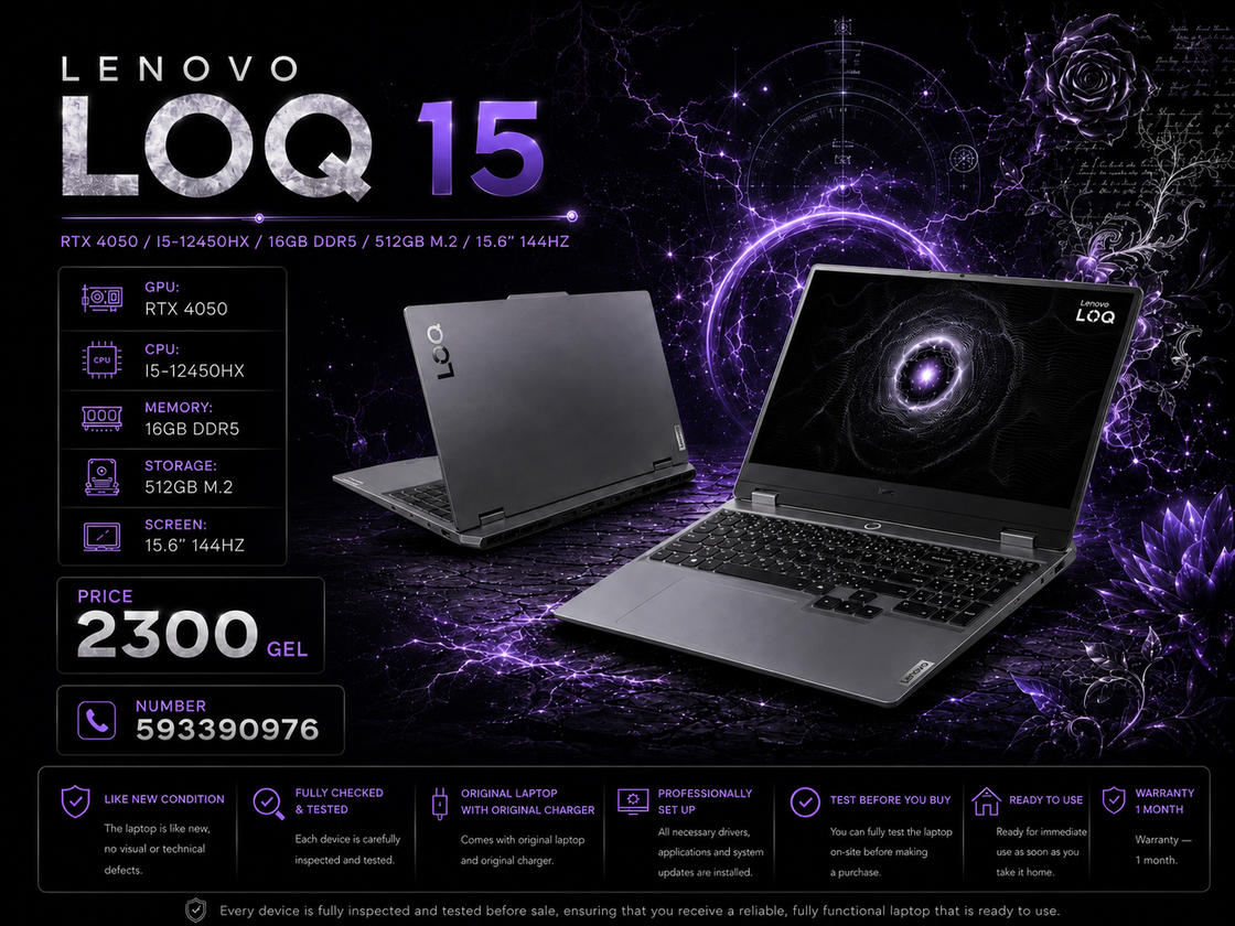 LENOVO LOQ 15/RTX 4050/I5-12450HX/16GB DDR5/512GB M.2/15.6" 144HZ/ Gaming Laptop LENOVO