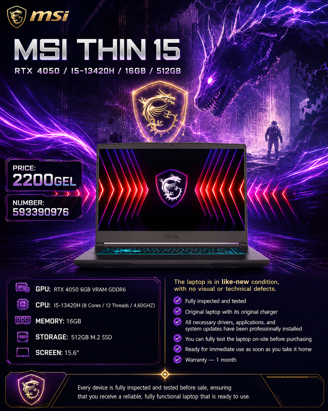 MSI THIN 15 /RTX 4050/I5-13420H/16GB/512GB/144HZ Gaming Laptop MSI