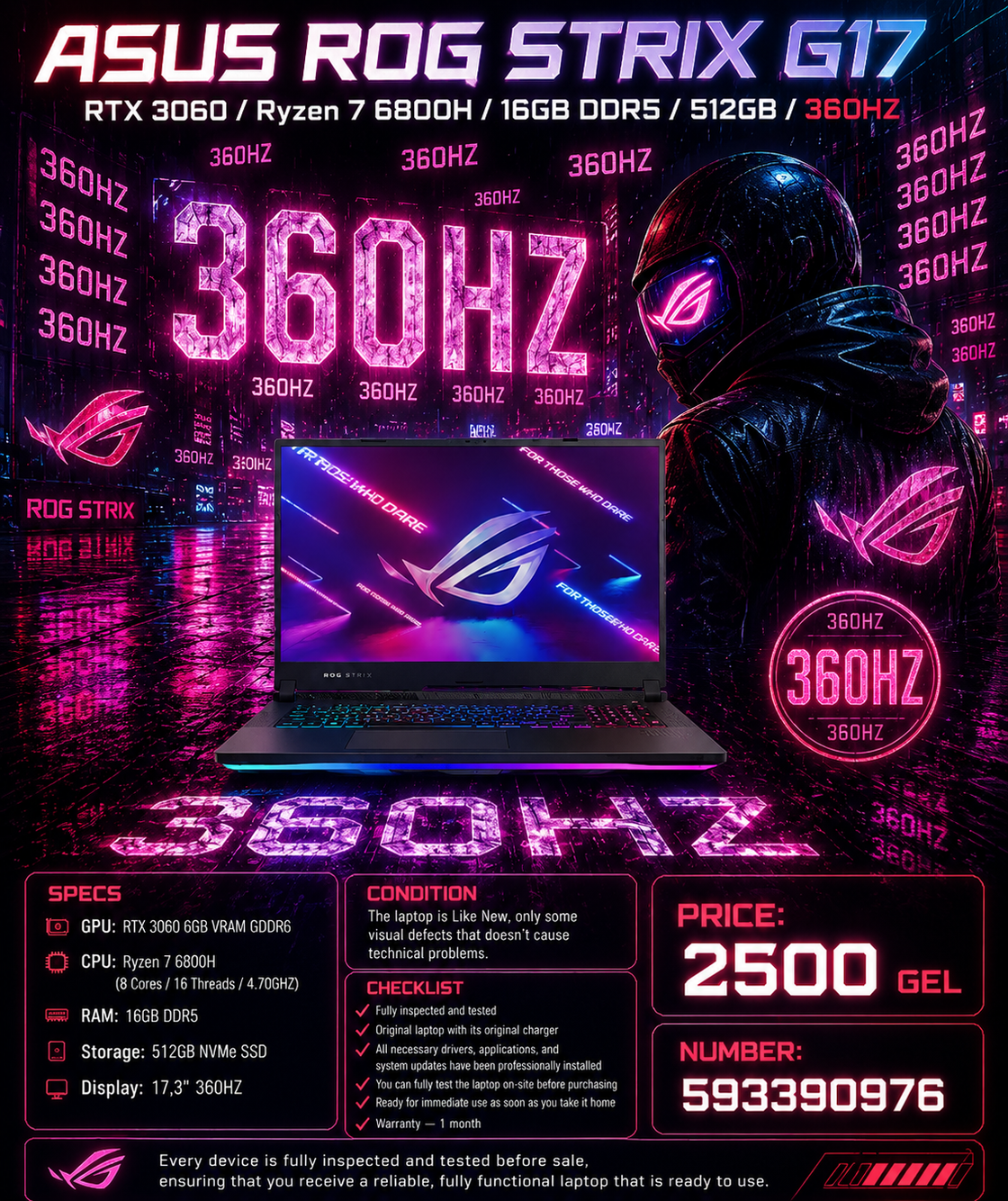 ASUS ROG STRIX G17/RTX 3060/Ryzen 7 6800H/16GB DDR5/512GB/360HZ Gaming Laptop Asus