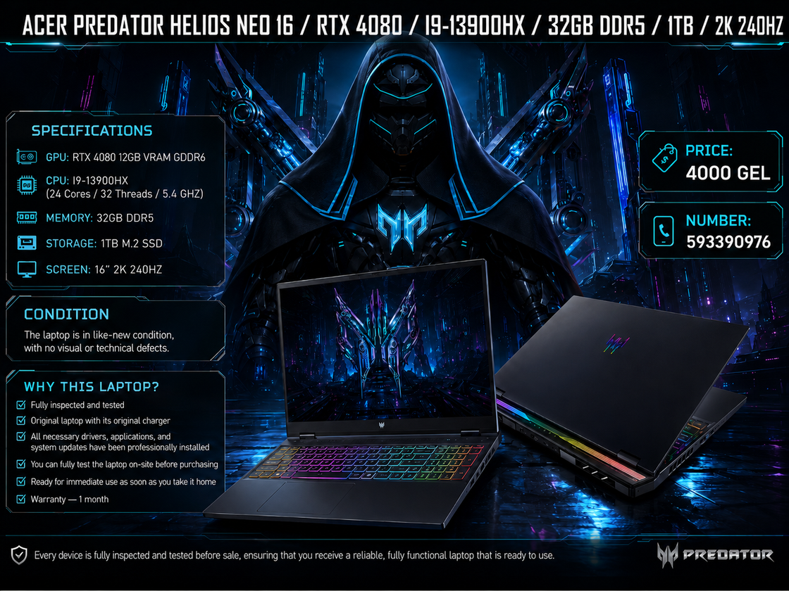 ACER PREDATOR HELIOS NEO 16 /RTX 4080/I9-13900HX/32GB/1TB/2K 240HZ Gaming Laptop Acer