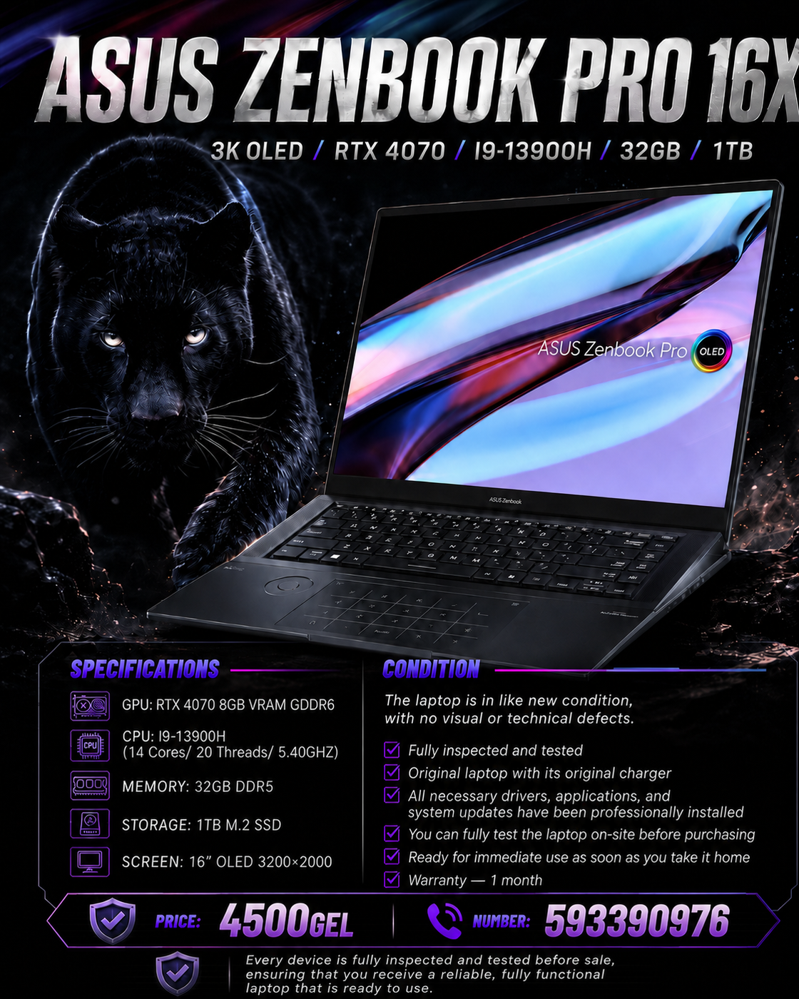 ASUS ZENBOOK PRO 16X 3K OLED/RTX 4070/I9-13900H/32GB/1TB/ Gaming Laptop Asus