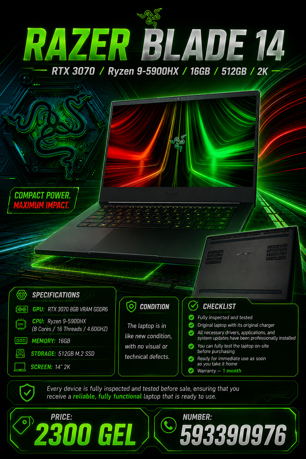 RAZER BLADE 14 /RTX 3070/Ryzen 9-5900HX/16GB/512GB/2K Gaming Laptop Razer