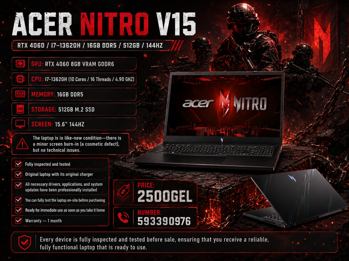 ACER NITRO V15/RTX 4060/I7-13620H/16GB DDR5/512GB/144HZ Gaming Laptop Acer
