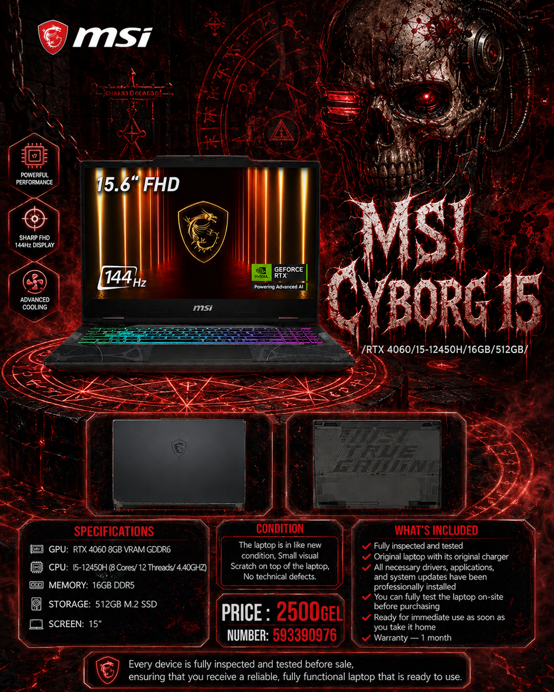 MSI CYBORG 15 /RTX 4060/I5-12450H/16GB/512GB/ Gaming Laptop TECHSWAP