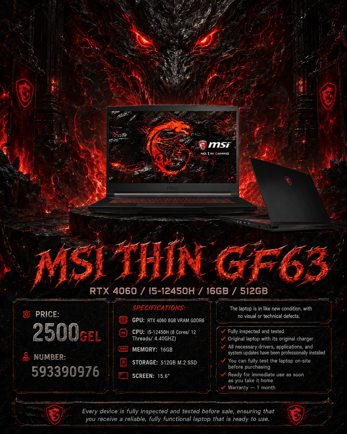 MSI THIN GF63 /RTX 4060/I5-12450H/16GB/512GB/ Gaming Laptop MSI