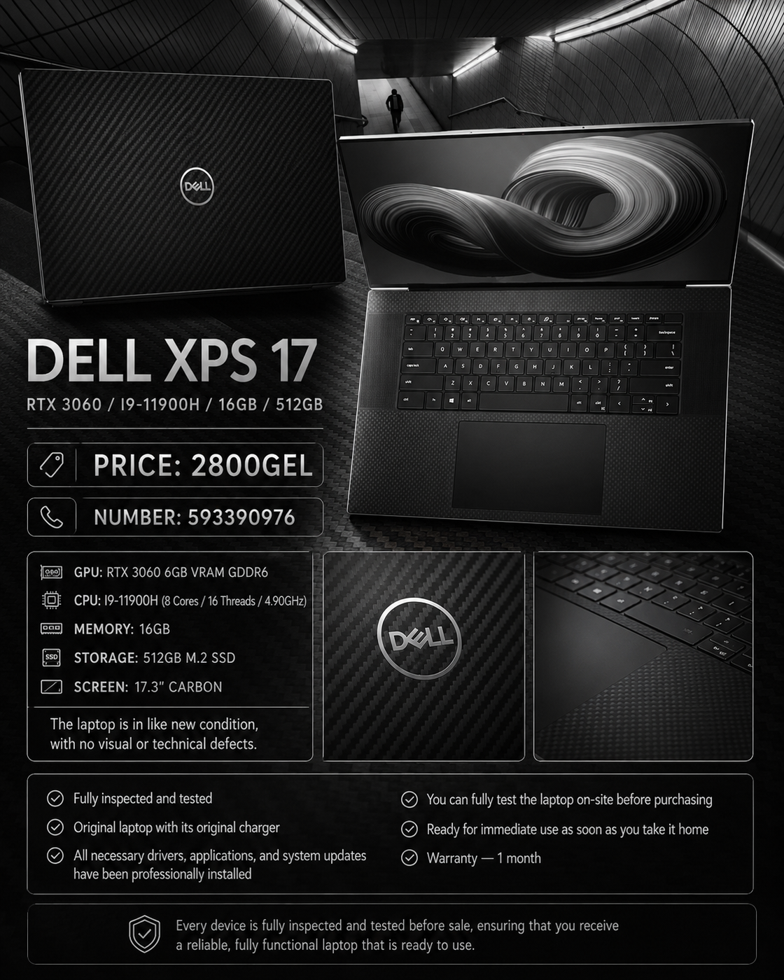 DELL XPS 17 /RTX 3060/I9-11900H/16GB/512GB/CARBON Gaming Laptop Dell