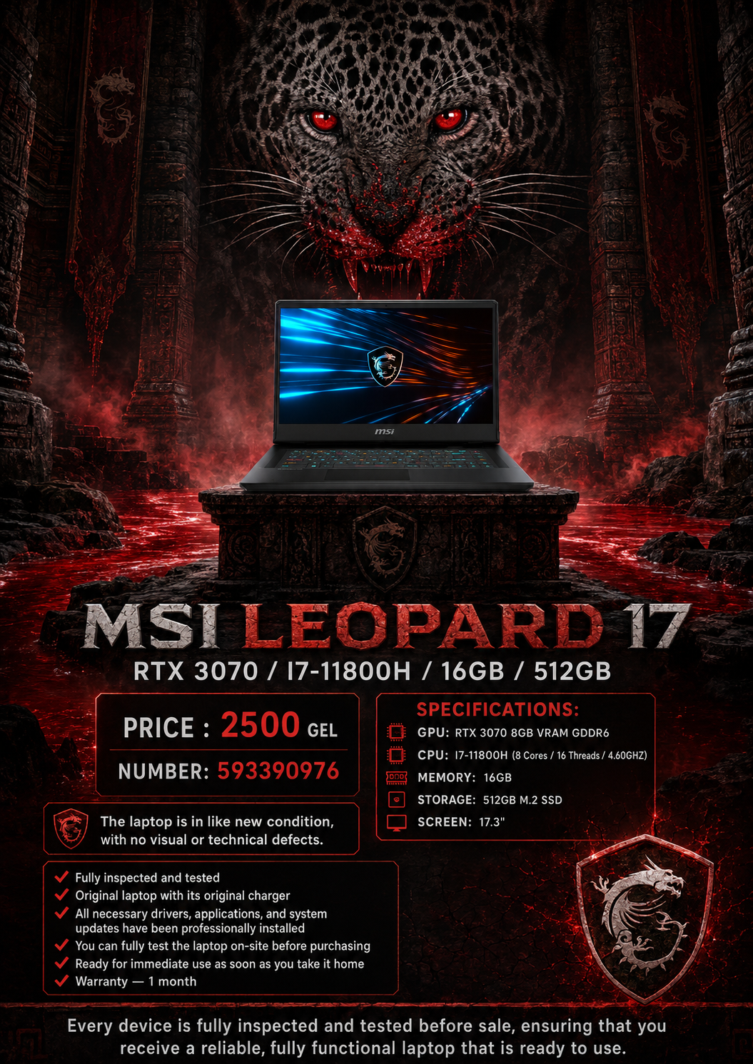 MSI LEOPARD 17 /RTX 3070/I7-11800H/16GB/512GB/ Gaming Laptop MSI