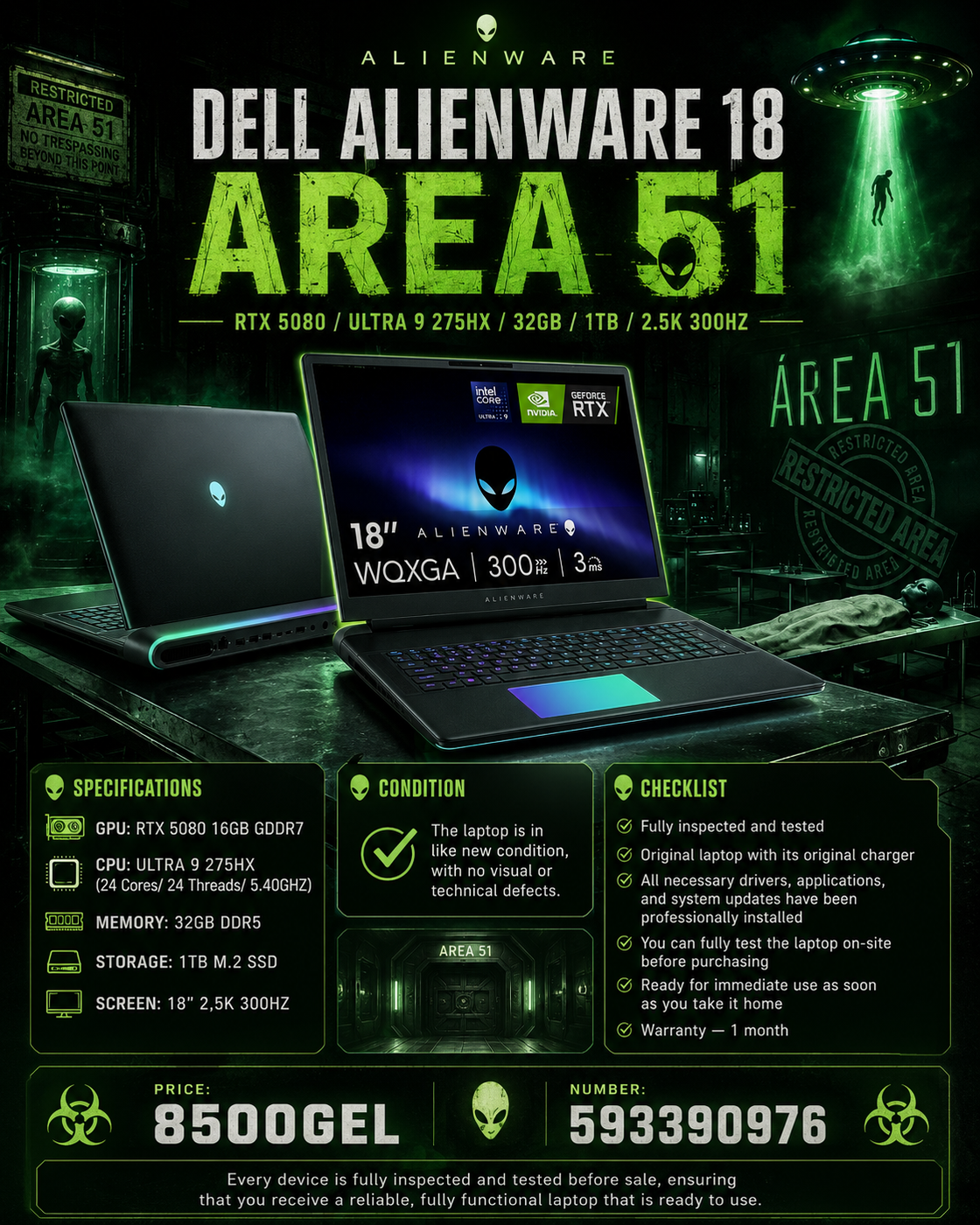 DELL ALIENWARE 18 AREA 51 /RTX 5080/ULTRA 9 275HX/32GB/1TB/2.5K 300HZ Gaming Laptop Dell