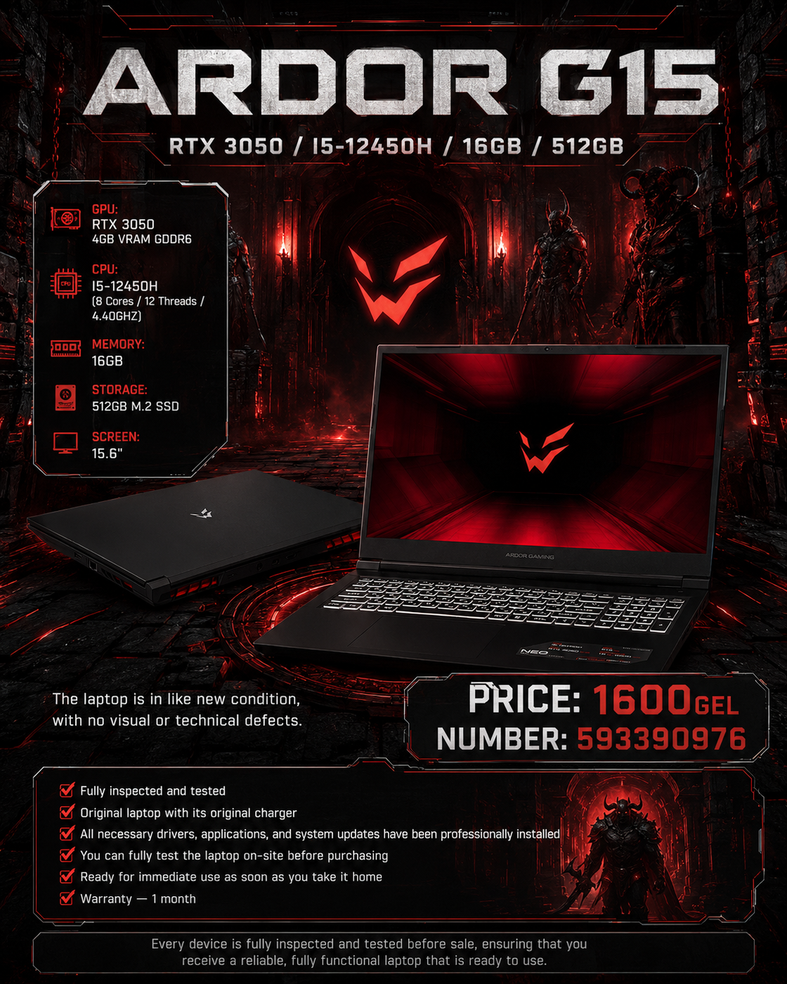 ARDOR G15 /RTX 3050/I5-12450H/16GB/512GB/ Gaming Laptop ARDOR