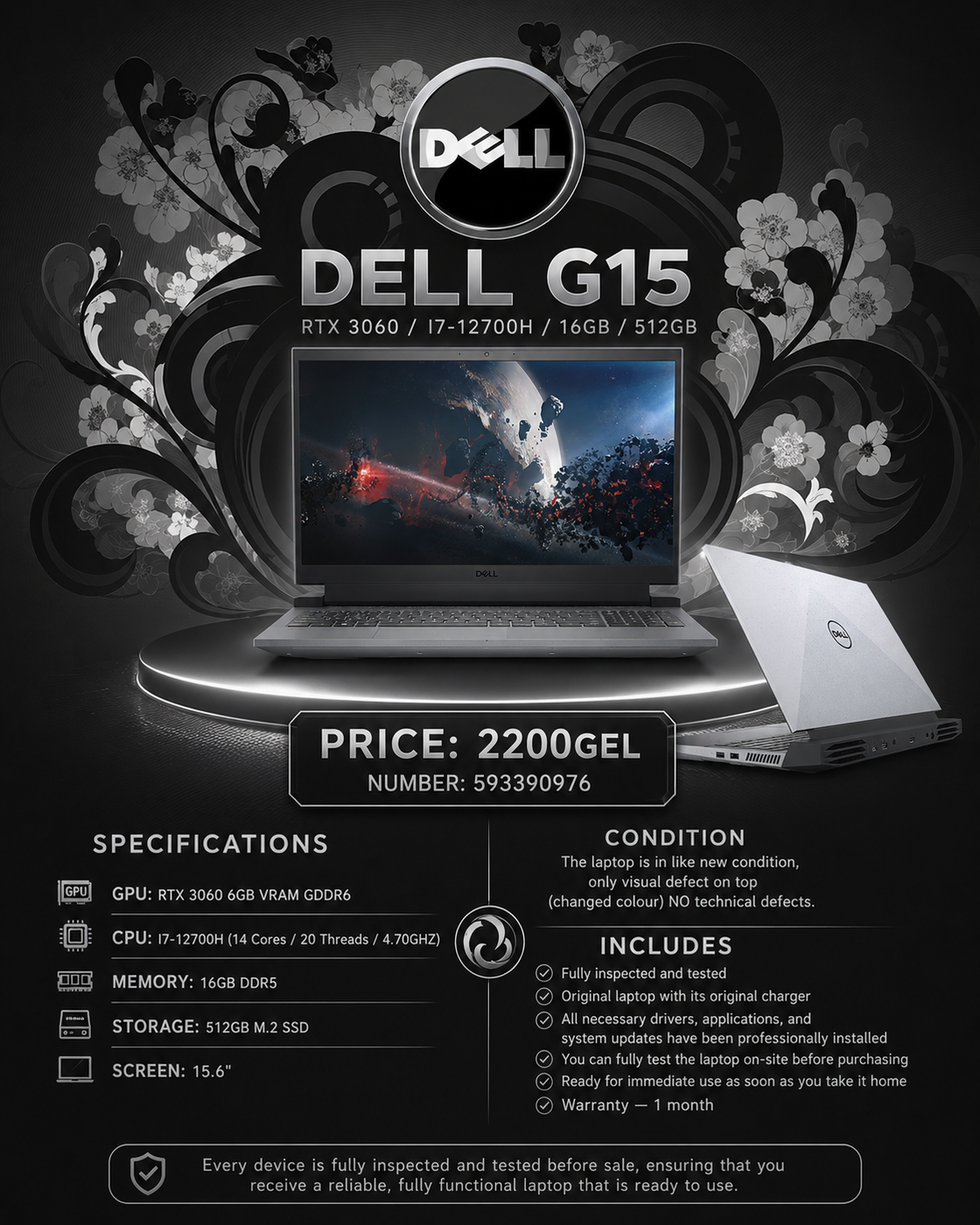 DELL G15 /RTX 3060/I7-12700H/16GB DDR5/512GB/ Gaming Laptop Dell