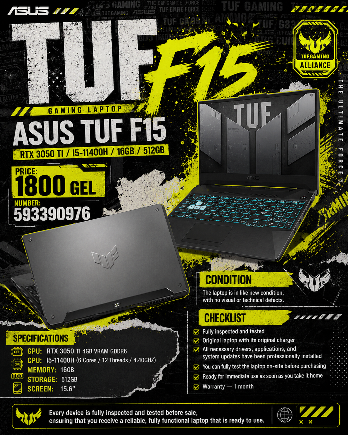 ASUS TUF F15 /RTX 3050 TI/I5-11400H/16GB/512GB/ Gaming Laptop Asus