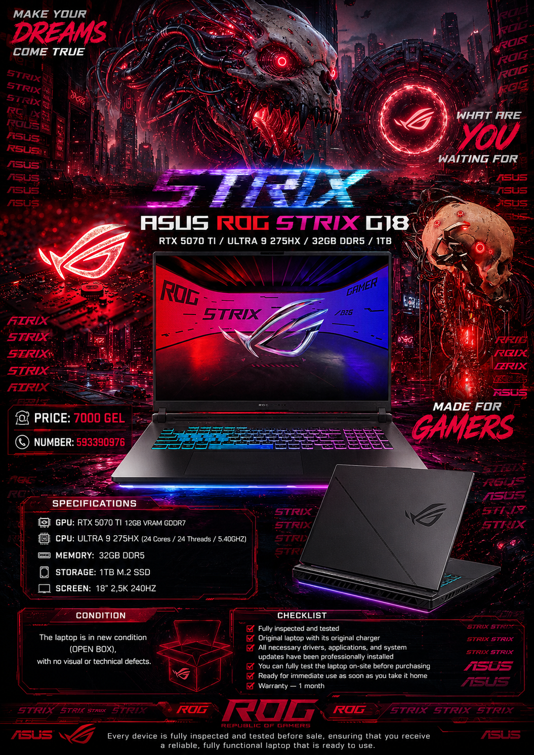 ASUS ROG STRIX G18 /RTX 5070 TI/ULTRA 9 275HX/32GB DDR5/1TB/ Gaming Laptop Asus