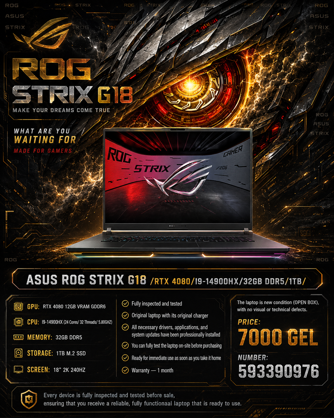 ASUS ROG STRIX G18 /RTX 4080/I9-14900HX/32GB DDR5/1TB/ Gaming Laptop ASUS