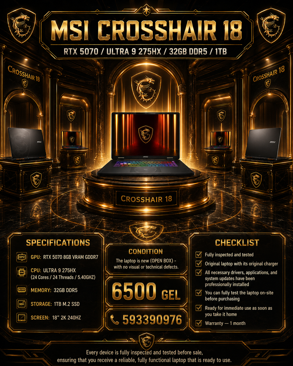 MSI CROSSHAIR 18 /RTX 5070/ULTRA 9 275HX/32GB DDR5/1TB/ Gaming Laptop MSI