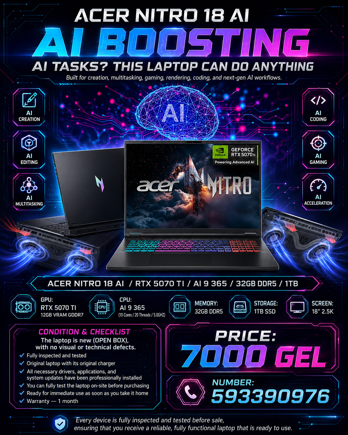 ACER NITRO 18 AI/RTX 5070 TI/AI 9 365/32GB DDR5/1TB/ Gaming Laptop Acer