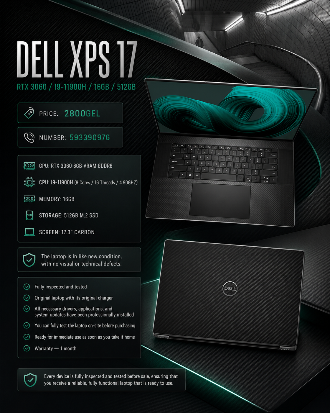 DELL XPS 17 /RTX 3060/I9-11900H/16GB/512GB/CARBON Gaming Laptop Dell
