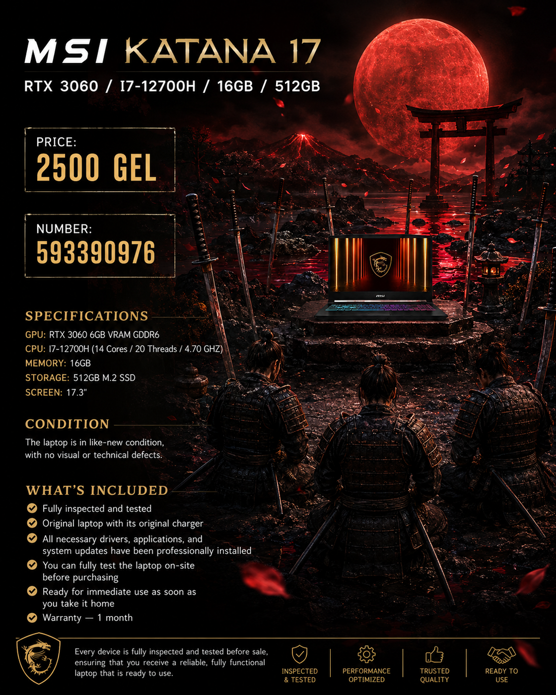 MSI KATANA 17 /RTX 3060/I7-12700H/16GB/512GB/ Gaming Laptop MSI