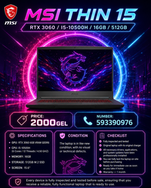 MSI THIN 15 /RTX 3060/I5-10500H/16GB/512GB/ Gaming Laptop