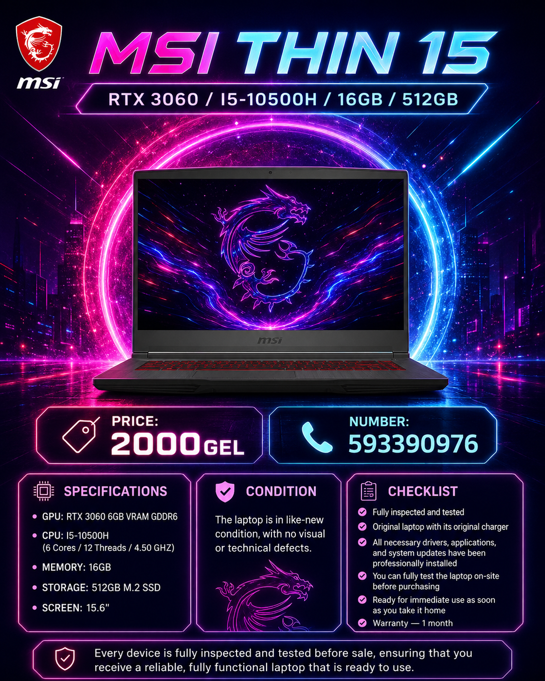 MSI Thin | i5-10500H | RTX 3060 | 16GB RAM | 512GB | Gaming Laptop MSI