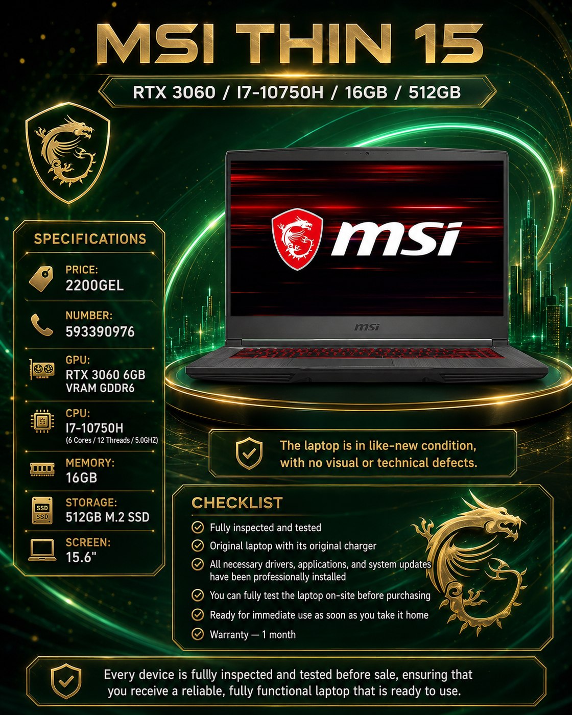 MSI THIN 15 /RTX 3060/I7-10750H/16GB/512GB/ Gaming Laptop MSI