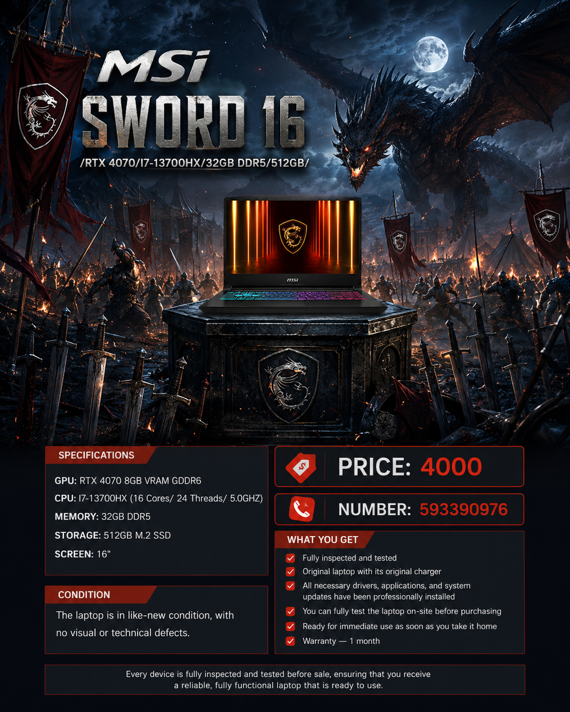 MSI SWORD 16 /RTX 4070/I7-13700HX/32GB DDR5/512GB/ Gaming Laptop MSI
