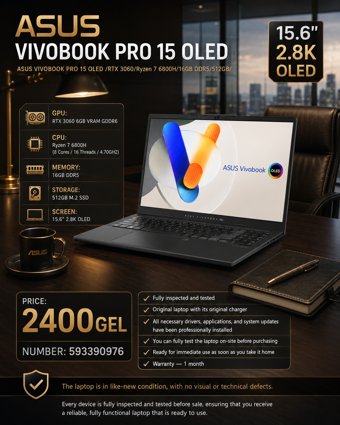 ASUS VIVOBOOK PRO 15 OLED /RTX 3060/Ryzen 7 6800H/16GB DDR5/512GB/ Gaming Laptop Asus