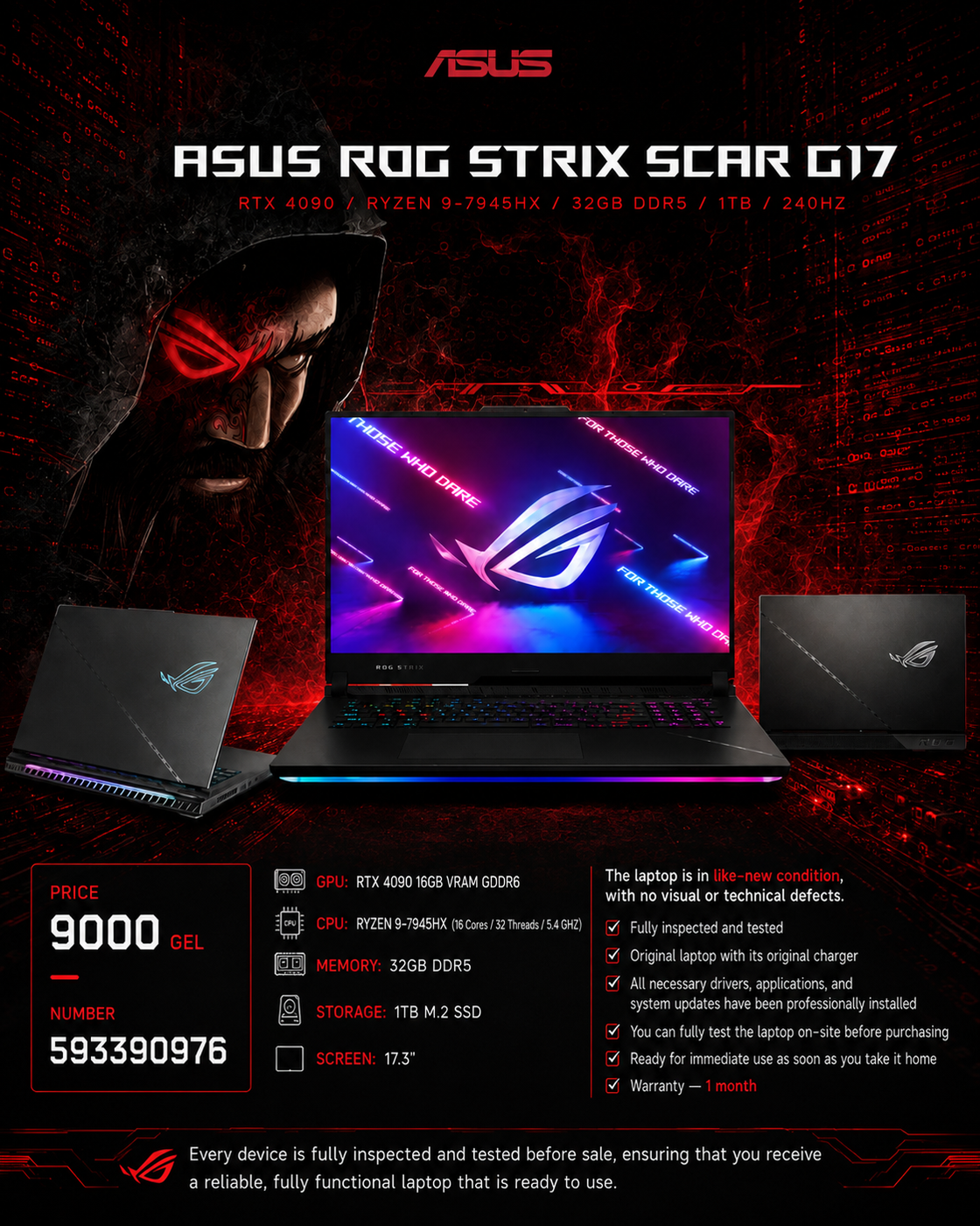 ASUS ROG STRIX SCAR G17 /RTX 4090/RYZEN 9-7945HX/32GB/1TB/240HZ Gaming Laptop ASUS