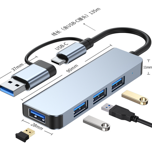 USB + Type-C Hub 4 USB 3.0 პორტით