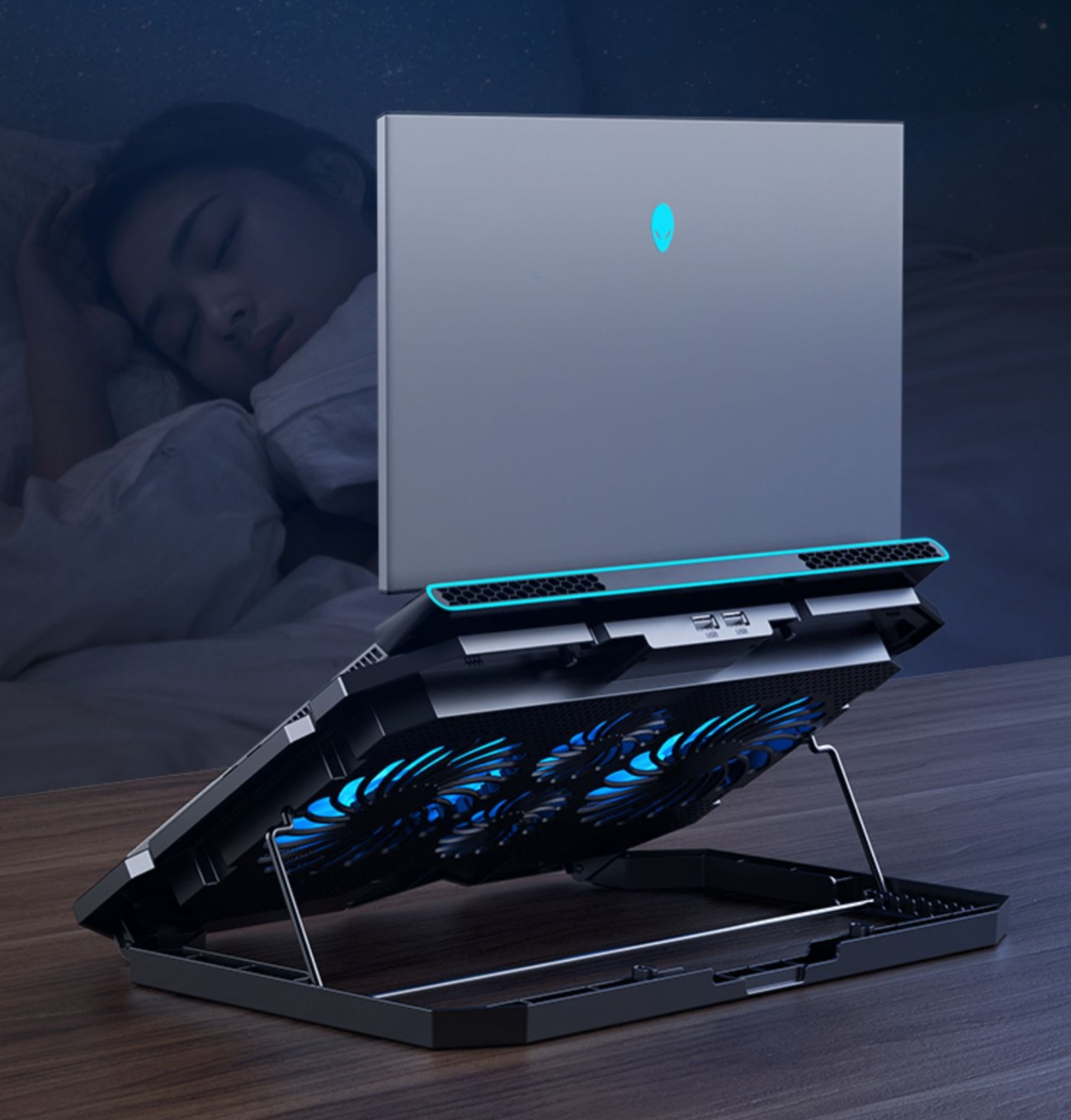 Laptop cooler stand with blue light