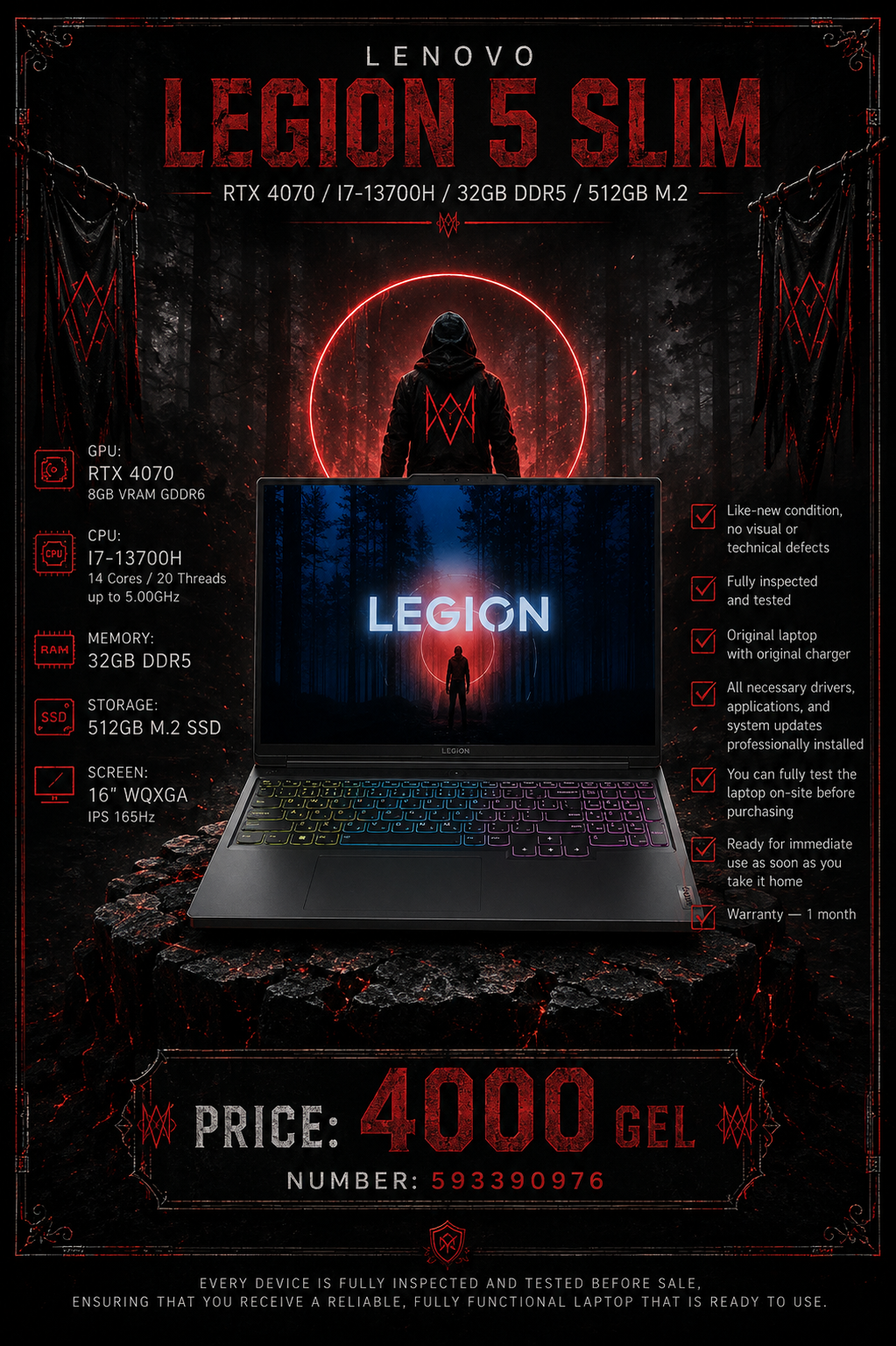LENOVO LEGION 5 SLIM /RTX 4070/I7-13700H/32GB DDR5/512GB/ LENOVO